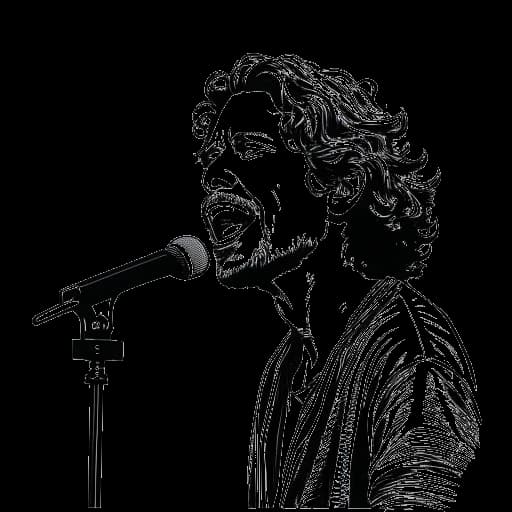 Lijntekening van Chester Bennington die zingt op de begrafenis van Chris Cornell, wat hun hechte vriendschap vertegenwoordigt.