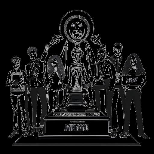 Lijntekening van Linkin Park met hun MTV, Grammy en American Music Awards.