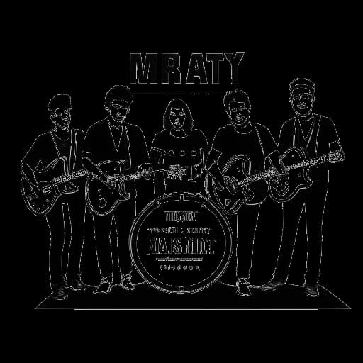 Lijntekening van Linkin Park met hun '6th greatest band' plaquette, wat hun erkenning door MTV2 in het tijdperk van muziekvideo's vertegenwoordigt.