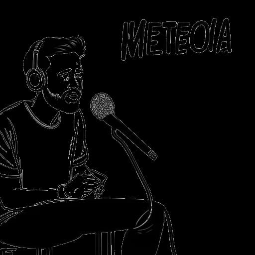 Lijntekening van Chester Bennington, zittend in een opnamestudio, een microfoon vasthoudend, met een bezorgde uitdrukking op zijn gezicht, wat zijn worstelingen tijdens de opname van het album Meteora vertegenwoordigt.