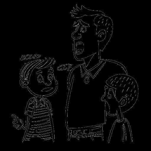 Lijntekening van Chester Bennington, pratend met zijn kinderen, met een 'niet vloeken' bord zichtbaar op de achtergrond, wat zijn regel tegen vloeken in huis vertegenwoordigt.