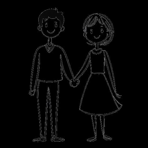 Lijntekening van Chester Bennington en Samantha Marie Olit, hand in hand en glimlachend, met hun zoon Draven naast hen.