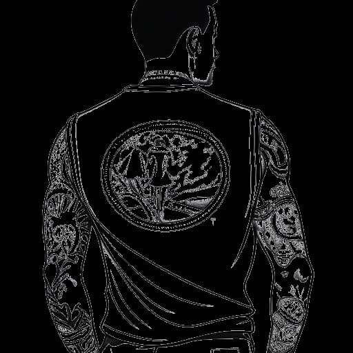 Lijntekening van Chester Bennington, met verschillende tatoeages, een Arizona sportshirt vasthoudend, en zijn Lincoln Park rugtatoeage zichtbaar.