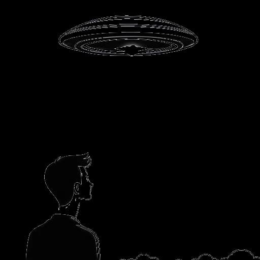 Lijntekening van een jonge Chester Bennington die naar de lucht kijkt, met een UFO zichtbaar op de achtergrond, wat zijn UFO-waarneming in zijn late tienerjaren vertegenwoordigt.