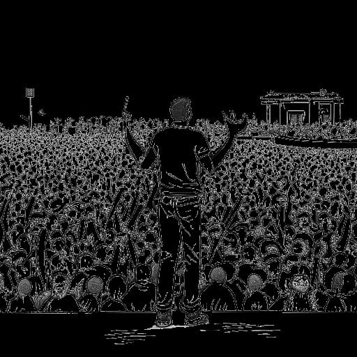 Dessin en ligne d'un homme représentant Calvin Harris se tenant triomphalement lors d'un festival de musique, avec des récompenses et une foule en liesse derrière lui