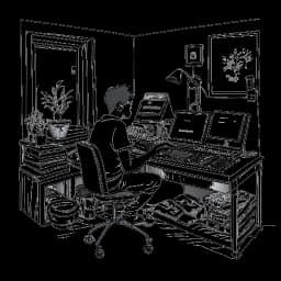 Dessin en ligne d'un homme représentant Adam Richard Wiles (Calvin Harris) entouré d'instruments de musique dans son studio de chambre