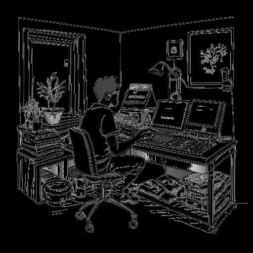 Dessin en ligne d'un homme représentant Adam Richard Wiles (Calvin Harris) entouré d'instruments de musique dans son studio de chambre