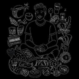 Dessin en ligne d'un homme représentant Calvin Harris avec de la nourriture saine et des articles de football, reflétant ses passions personnelles et son mode de vie