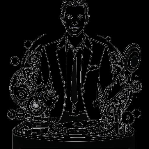 Dibujo de arte lineal de un hombre que representa a Calvin Harris con el cabello corto y atuendo elegante. Sostiene un tocadiscos en una mano y está rodeado de notas musicales y signos de dólar, simbolizando su talento, riqueza y éxito.