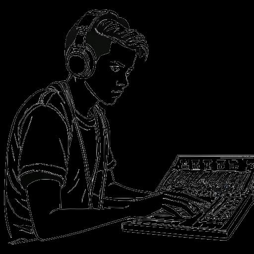 Dibujo de líneas de un joven, que representa a Calvin Harris, trabajando en una consola de mezclas con auriculares puestos y una expresión concentrada