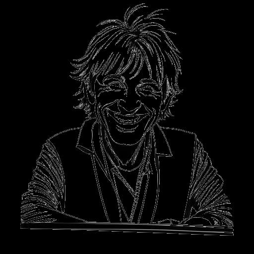 Dibujo de líneas de un hombre, que representa a Calvin Harris, con una foto de Rod Stewart en su cabina de DJ y sonriendo