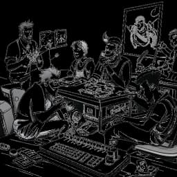 Line art drawing of Fanum and the AMP crew, engaging in exciting competitive activities such as gaming, cooking, slamball, and bounty hunting. Their collaborations depict the thrill and camaraderie of their dynamic group.