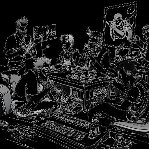 Line art drawing of Fanum and the AMP crew, engaging in exciting competitive activities such as gaming, cooking, slamball, and bounty hunting. Their collaborations depict the thrill and camaraderie of their dynamic group.