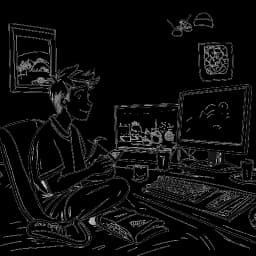 Line art drawing of Fanum, enjoying his downtime by playing video games, sharing memes, and celebrating Christmas traditions with his family. His carefree and generous nature is symbolized by sharing food with friends, popularly known as the 'Fanum tax' among Gen Alpha.