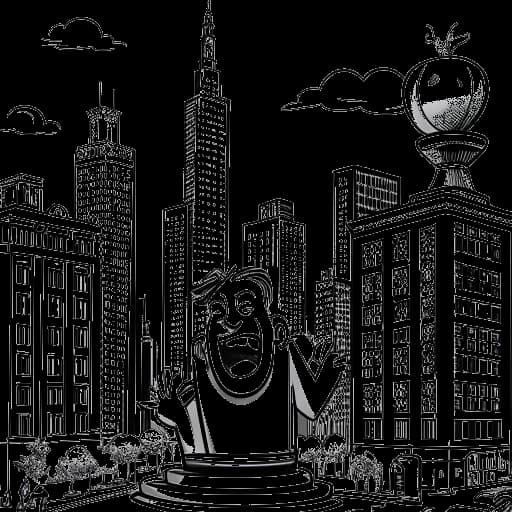 Line art drawing of Fanum, with an astonished expression, surrounded by a million subscriber plaque, against the backdrop of iconic New York City landmarks. The image symbolizes the excitement and recognition of his remarkable achievement.