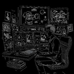 Line art drawing of JustFanum, with a dynamic presence, surrounded by screens displaying video game streams, reaction videos, and vlogs. His content spans across platforms, showcasing his energy and diversity.