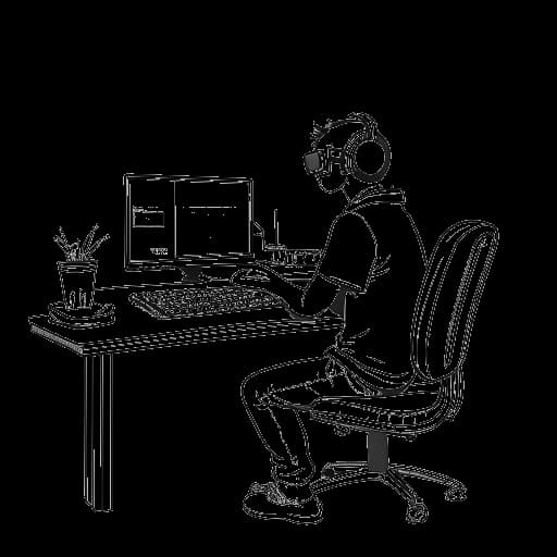 Dibujo en arte lineal de un hombre, representando a Fanum, en un entorno de transmisión, enfocado en su pantalla, con elementos que sugieren sus diversas fuentes de ingresos en el fondo, todo sobre un fondo blanco.