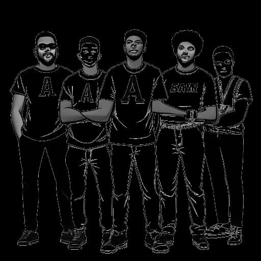 Dibujo digital de un grupo de jóvenes, incluyendo a Fanum, Kai Cenat y Duke Dennis, de pie juntos sosteniendo una pancarta con el logo de AMP.