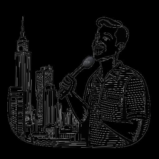 Dibujo digital de un hombre, representando a Fanum, hablando en un micrófono. Un globo de diálogo que contiene jerga de Nueva York es visible, y el horizonte de la ciudad de Nueva York se percibe en el fondo.
