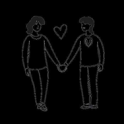 Dibujo digital de un hombre y una mujer, representando a Fanum y Kay Linx, tomados de la mano. Corazones y logos de YouTube son visibles en el fondo.