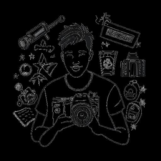 Dibujo digital de un joven, representando a Fanum, sosteniendo una cámara de video. Varios iconos de vlog lo rodean, y una estrella de 'Fama' es visible en el fondo.