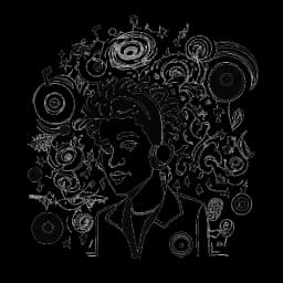 Dessin en ligne d'un homme, représentant Diplo (Thomas Wesley Pentz), avec une coiffure distinctive entouré de notes de musique et de disques. L'image symbolise son rôle dans la fondation de l'emblématique label Mad Decent. L'oeuvre est réalisée en noir et blanc sur fond blanc.
