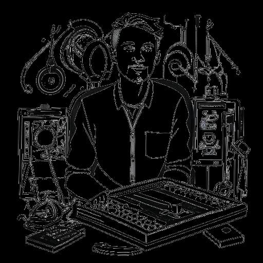 Disegno in stile line art di un uomo che rappresenta Diplo, che trasmette sicurezza, circondato da strumenti musicali, palchi da concerto, etichette discografiche e simboli del dollaro su sfondo bianco.