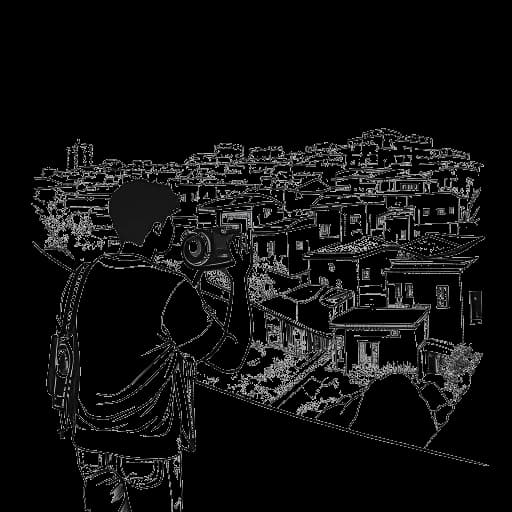 Disegno in stile line art di un uomo, rappresentante Diplo, che tiene una fotocamera con una favela sullo sfondo