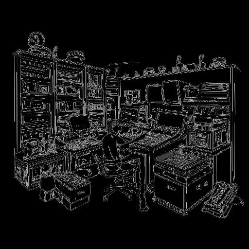 Disegno in stile line art di un uomo, rappresentante Diplo, che lavora in un magazzino pieno di attrezzature musicali, telecamere e materiali artistici