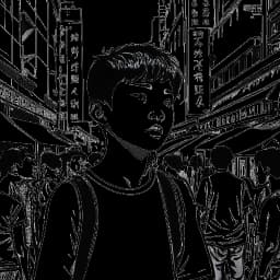 Strichzeichnung eines jungen Jungen, der Bruce Lee auf einer belebten Straße in Hongkong darstellt, mit Opernplakaten im Hintergrund.