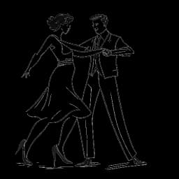 Strichzeichnung eines Mannes, der Bruce Lee darstellt, der Cha-Cha mit einer Frau tanzt. Ein Familienporträt und ein Ehering sind ebenfalls in der Szene dargestellt.