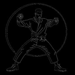 Illustration eines starken Mannes, der Bruce Lee in einer Kampfkunsthaltung repräsentiert, mit einem Filmstreifen im Hintergrund.