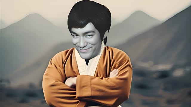 Bald martial artist displays intense focus and confidence, set against a traditional martial arts backdrop