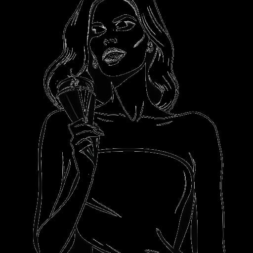 Desenho de arte em linha de Lady Gaga no set de filmagem de "Nasce uma Estrela", segurando um Oscar, representando seu sucesso tanto na música quanto no cinema.