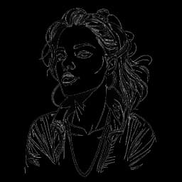 Desenho de arte em linha de uma jovem confiante representando Lady Gaga, com um espírito rebelde, mostrando resiliência ao desistir da NYU para seguir sua paixão pela música.