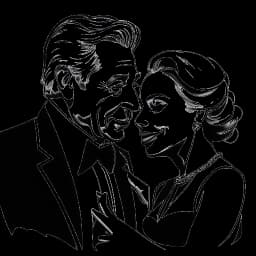 Desenho de arte em linha de Lady Gaga colaborando com Tony Bennett, demonstrando suas habilidades de atuação e envolvendo-se em trabalho filantrópico, representando sua variedade artística e dedicação em fazer um impacto positivo.