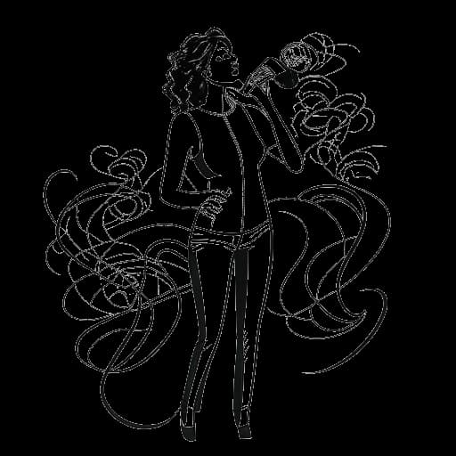Un disegno a linee in bianco e nero di Lady Gaga, una donna vibrante e dinamica con uno stile unico. Lei sta in piedi con sicurezza con un microfono in mano, circondata da note musicali e segni di dollaro, contro uno sfondo bianco.