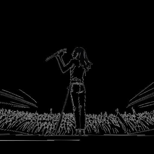 Disegno in stile line art di Lady Gaga che si esibisce sul palco, con uno stadio e riflettori sullo sfondo.