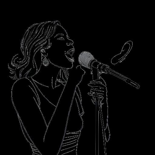 Disegno in stile line art di Lady Gaga che tiene un microfono, con copertine di album e note musicali sullo sfondo.