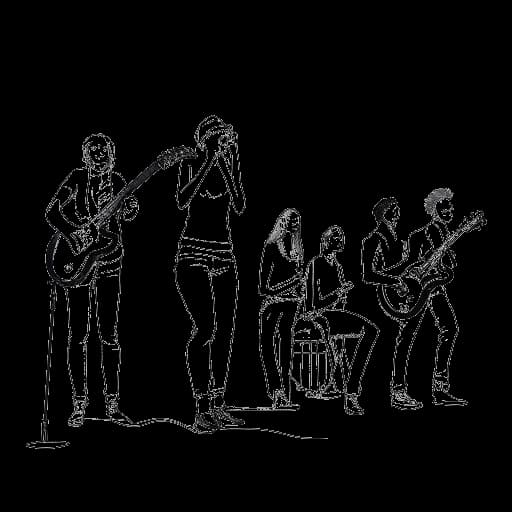 Disegno in stile line art di Lady Gaga che si esibisce sul palco con un gruppo di musicisti.