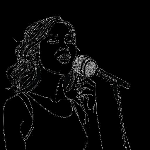 Disegno in stile line art di Lady Gaga che tiene un microfono, con copertine di album e note musicali sullo sfondo.