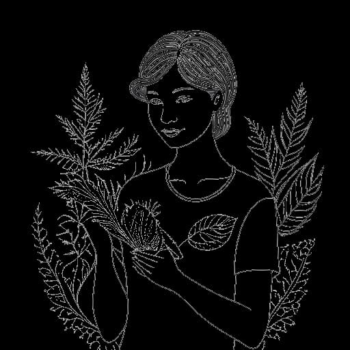 Disegno in stile line art di Lady Gaga che tiene una felce, con illustrazioni botaniche e un certificato sullo sfondo.