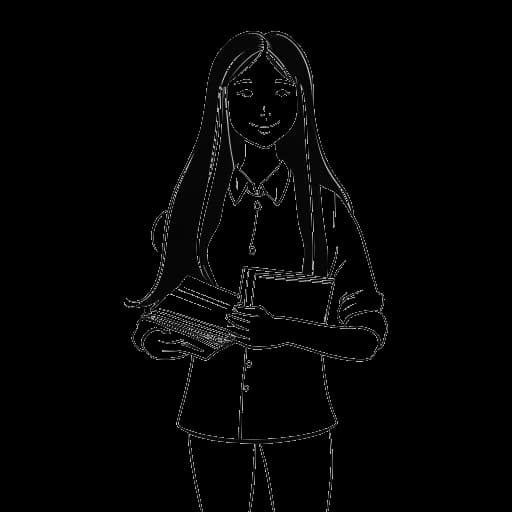 Disegno in stile line art di Lady Gaga da giovane con lunghi capelli in divisa scolastica, che tiene libri di testo.