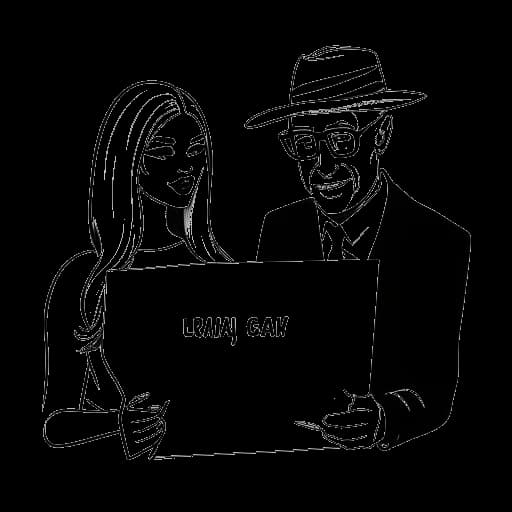 Disegno in stile line art di Lady Gaga e Rob Fusari che tengono un foglio con scritto 'Lady Gaga'.