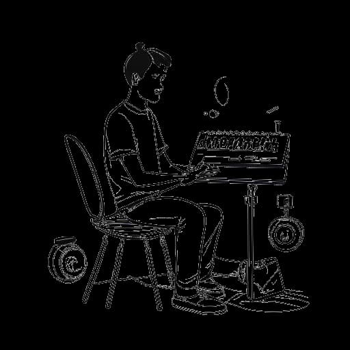 Strichzeichnung eines Mannes, der in das Trommeln vertieft ist und Sascha Hellinger verkörpert, mit einem Kameragurt über der Schulter und einem Videospiel-Controller in Griffweite. Die Szene spielt vor einem weißen Hintergrund.