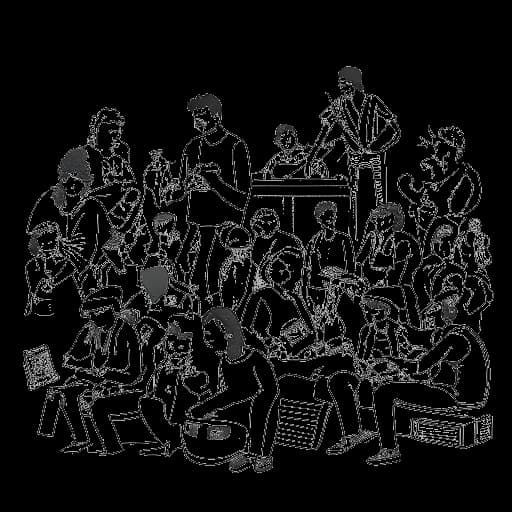 Strichzeichnung eines Mannes, der Sascha Hellinger repräsentiert, in einer vielfältigen Umgebung mit einem engagierten Publikum. Man sieht ihn an Aktivitäten wie Gaming, Musik und Comedy teilnehmen, vor einem weißen Hintergrund.