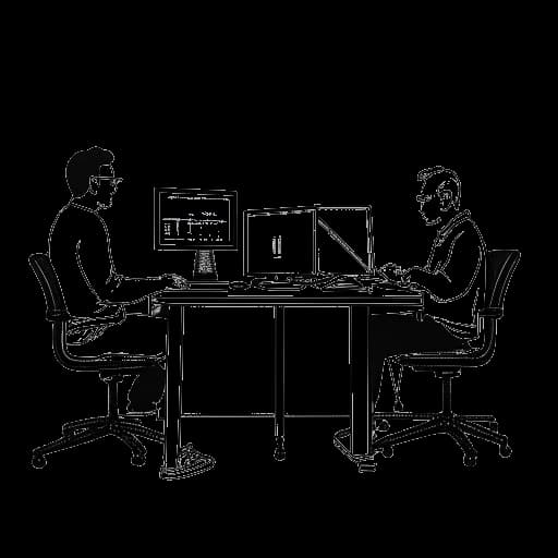 Strichzeichnung von drei Männern, die Sascha Hellinger, Jens Knossalla und eine andere Person darstellen, die zusammen vor mehreren Computerbildschirmen sitzen.