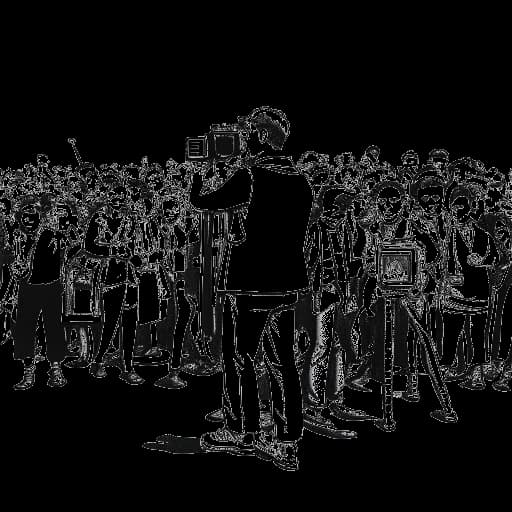 Strichzeichnung eines Mannes, der Sascha Hellinger darstellt, der eine Kamera vor einer großen Menschenmenge hält.