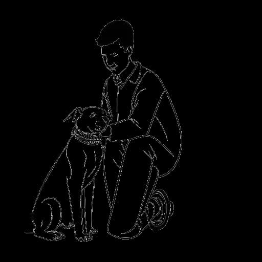 Strichzeichnung eines Mannes, der Sascha Hellinger darstellt, der einen Hund streichelt.