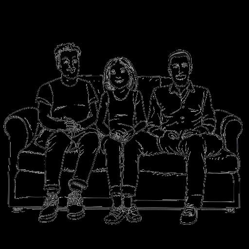 Strichzeichnung eines Mannes, der Sascha Hellinger darstellt, der mit seiner Familie auf einer Couch sitzt.